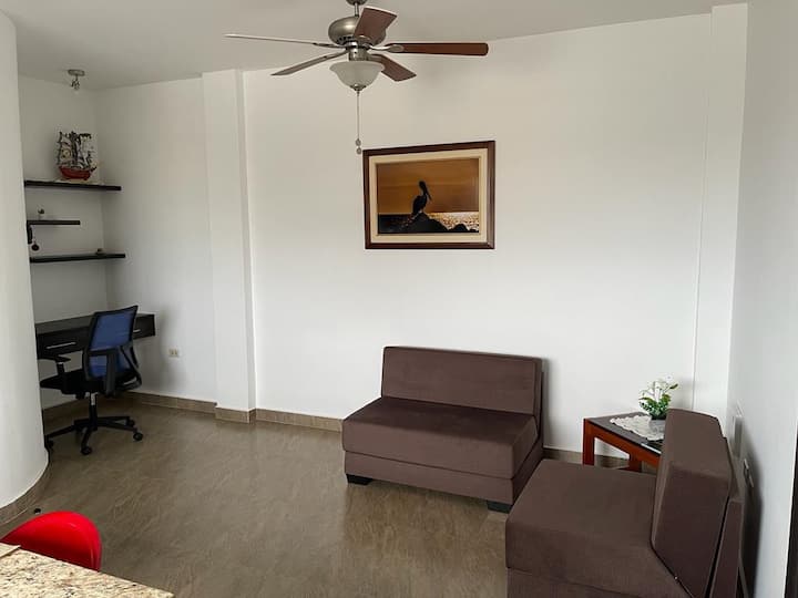 نظرة عامة على غرفة المعيشة ومنطقة العمل. 