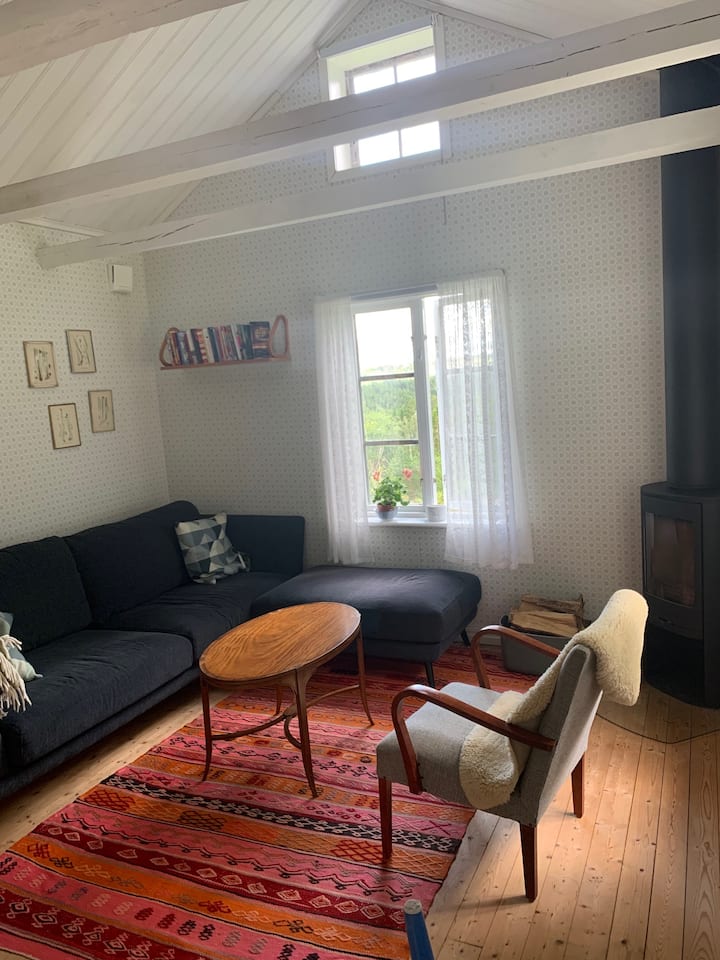 Მისაღები ოთახი ბუხრით ძველ კოტეჯში. Კოტეჯი გარემონტდა 2019 წელს, თუმცა მან პირვანდელი ხიბლი შეინარჩუნა.