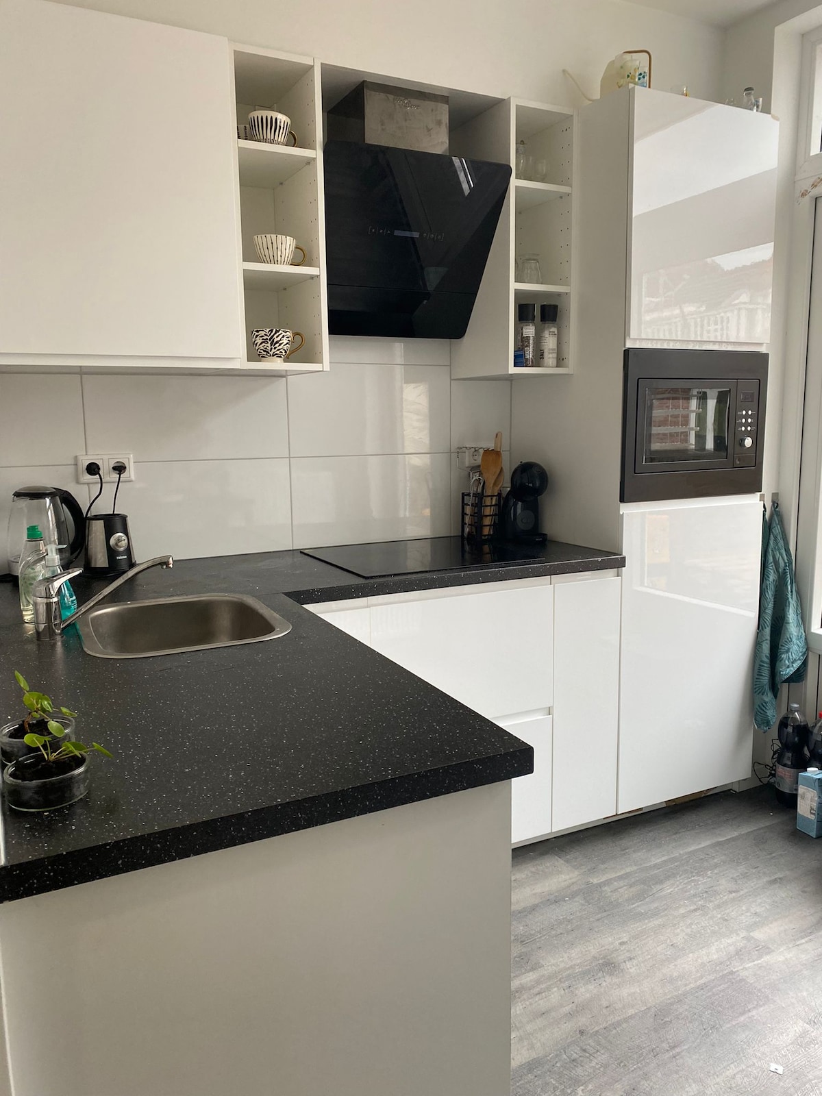 The kitchen features modern cabinetry in white and a striking black countertop. Essential appliances, including a stove and microwave, are included, alongside sink access. Shelves above are stocked with dishware, and a small plant adds a touch of greenery to the space.