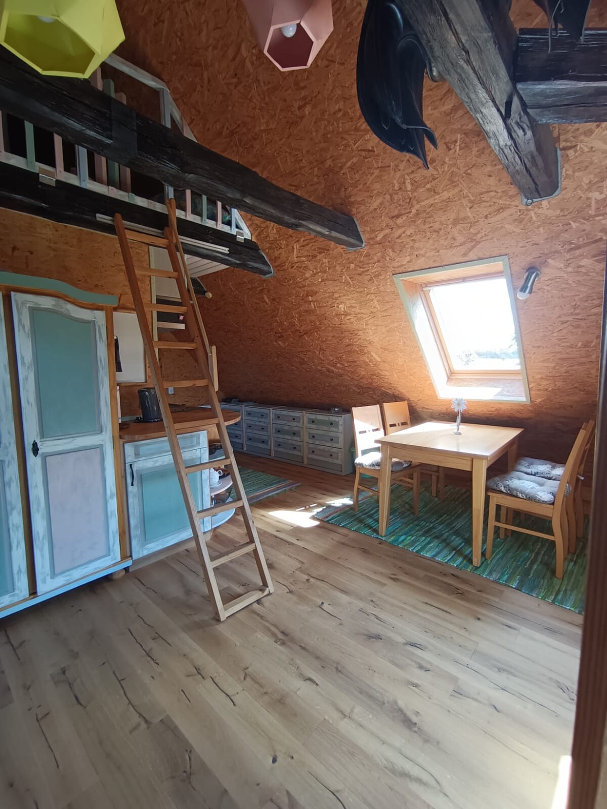 An inviting interior features a cozy dining area with a wooden table and chairs, complemented by a patterned rug. A ladder leads to a loft space under a skylight, enhancing natural light. Rustic beams and cabinetry add character to the room.