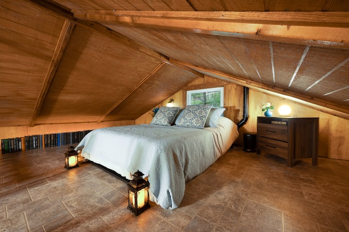The Nook: Fenced yard, cabin, firepit