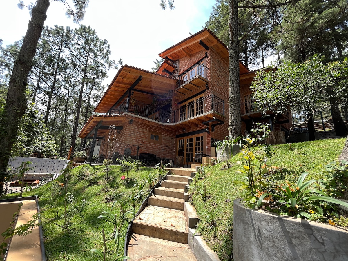 A charming cabin surrounded by greenery is presented against a backdrop of trees. A well-kept garden leads to the entrance, which is framed by natural stone stairs. Several balconies overlook the tranquil landscape, enhancing the outdoor experience.