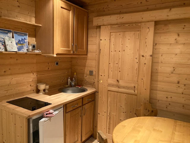 A wood-paneled kitchenette is featured, showcasing a circular dining table and simple wooden chairs. A small refrigerator and a two-burner stove are visible alongside a round sink. Shelves hold various items, and the entry door is crafted from the same warm wood.