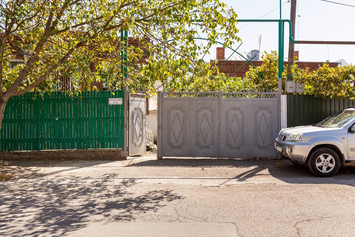 A gated entrance is framed by a lush green tree and a wooden fence painted in vibrant green. The large, intricately designed gate is slightly ajar, revealing a glimpse of the property beyond. A vehicle is parked on the street, adjacent to the entrance.