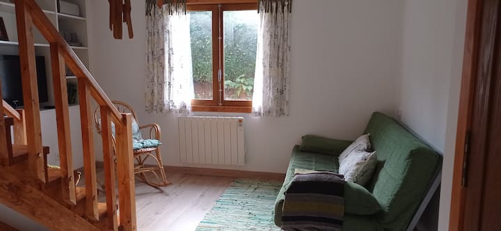 ห้องนั่งเล่นพร้อมโซฟาเบด (เตียงคู่) ที่ชั้นล่างมีโทรทัศน์และเข้าถึงด้านนอกได้โดยตรง