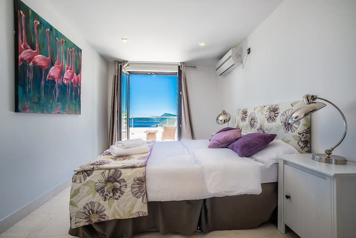 This air conditioned double bedroom on the first floor features a terrace and balcony with spectacular Adriatic sea views. All furnishings have been specially selected, and with a super comfy double bed, you'll never sleep better!