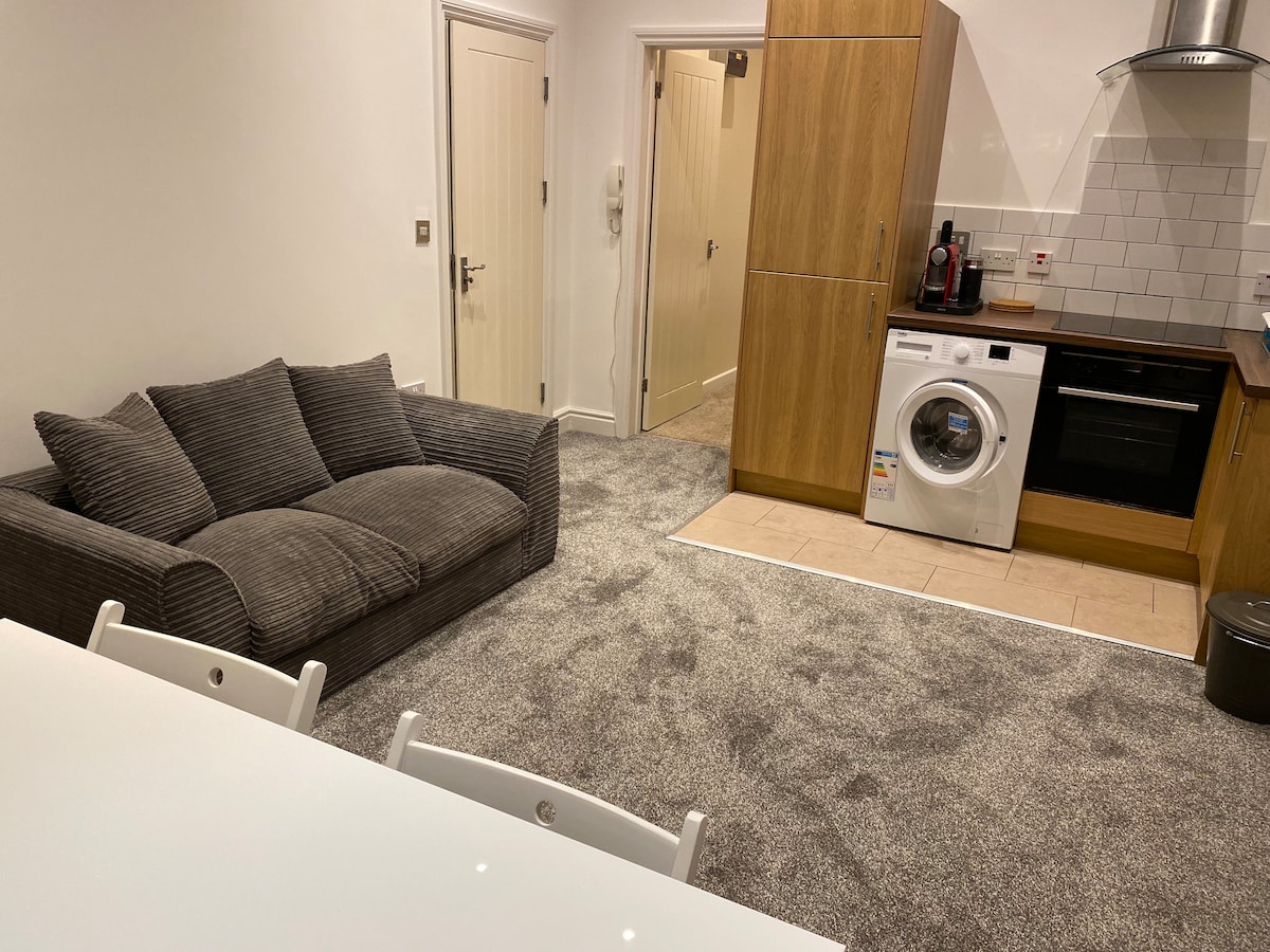 A spacious living area features a cozy grey sofa and a dining table with white chairs. A modern kitchen equipped with wooden cabinets, a washing machine, and an oven is visible. Soft carpet covers the floor, enhancing comfort and warmth.