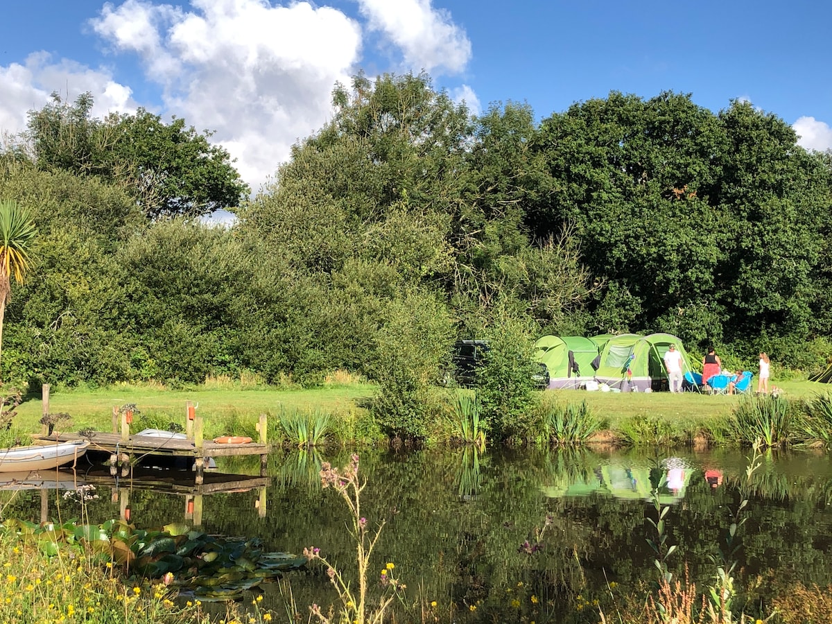 A tranquil camping area is set beside a calm lake, reflecting the green trees and blue sky. Two tents are visible, accompanied by colorful camping gear. A wooden dock extends into the water, surrounded by lush greenery and wildflowers.