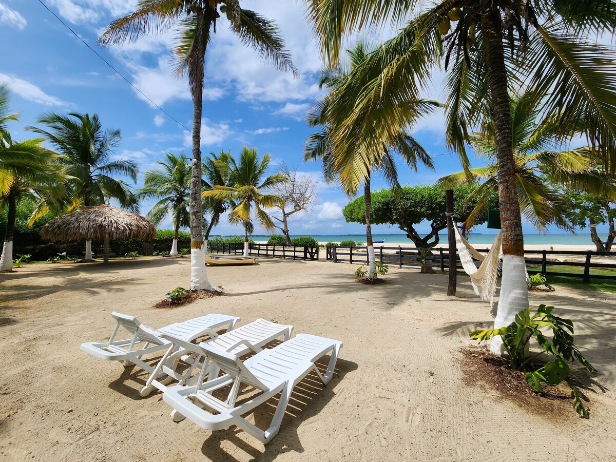 An open outdoor area features sandy ground surrounded by palm trees and lush greenery. Comfortable lounge chairs are positioned for relaxation, and a hammock is visible in the background, alongside a rustic thatched-roof structure. The beach and ocean can be seen in the distance.