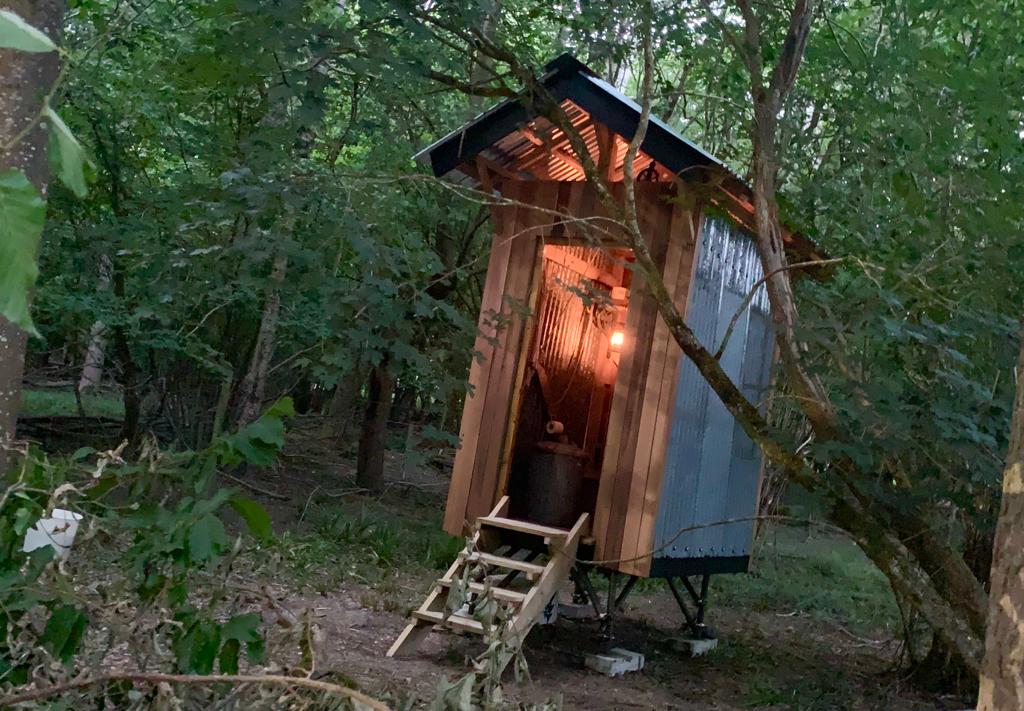 A wooden cabin with a pitched roof is nestled among the trees, featuring a small staircase leading to the entrance. Soft light emanates from within, highlighting the rustic exterior and the surrounding greenery of the woodland setting.