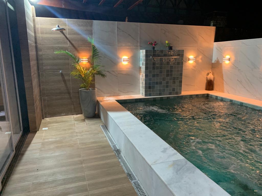 An inviting private pool area features a heated pool with a hydromassage section. Surrounding elements include elegant wall tiles and strategically placed accent lighting. A potted palm adds a touch of greenery, along with a solar shower installed nearby, enhancing the relaxation space.