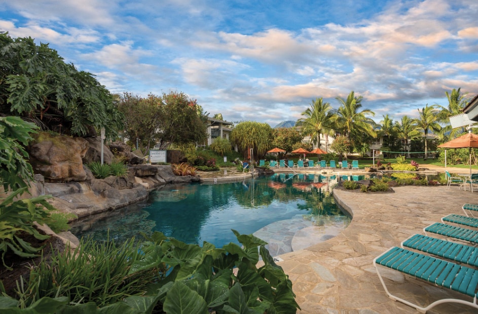 A serene pool area is framed by lush greenery and palm trees. Comfortable lounge chairs line the poolside, and umbrellas provide shade. The water reflects the surrounding tropical landscape and the blue sky, creating a peaceful outdoor setting for relaxation.
