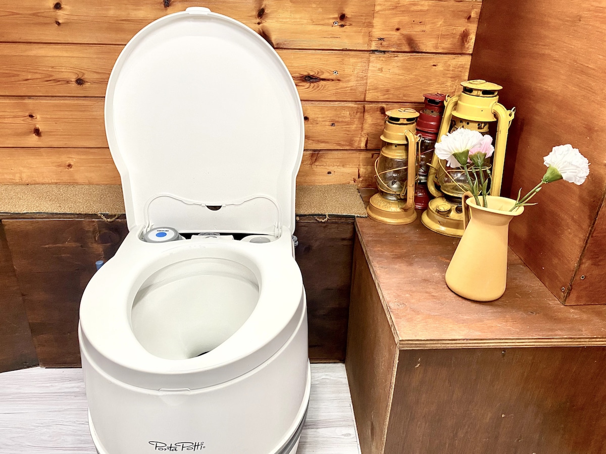 A modern chemical toilet is positioned against a backdrop of warm wooden paneling. Nearby, vintage lanterns in red and yellow add a rustic touch, while a vase with fresh flowers brings a hint of color to the space.