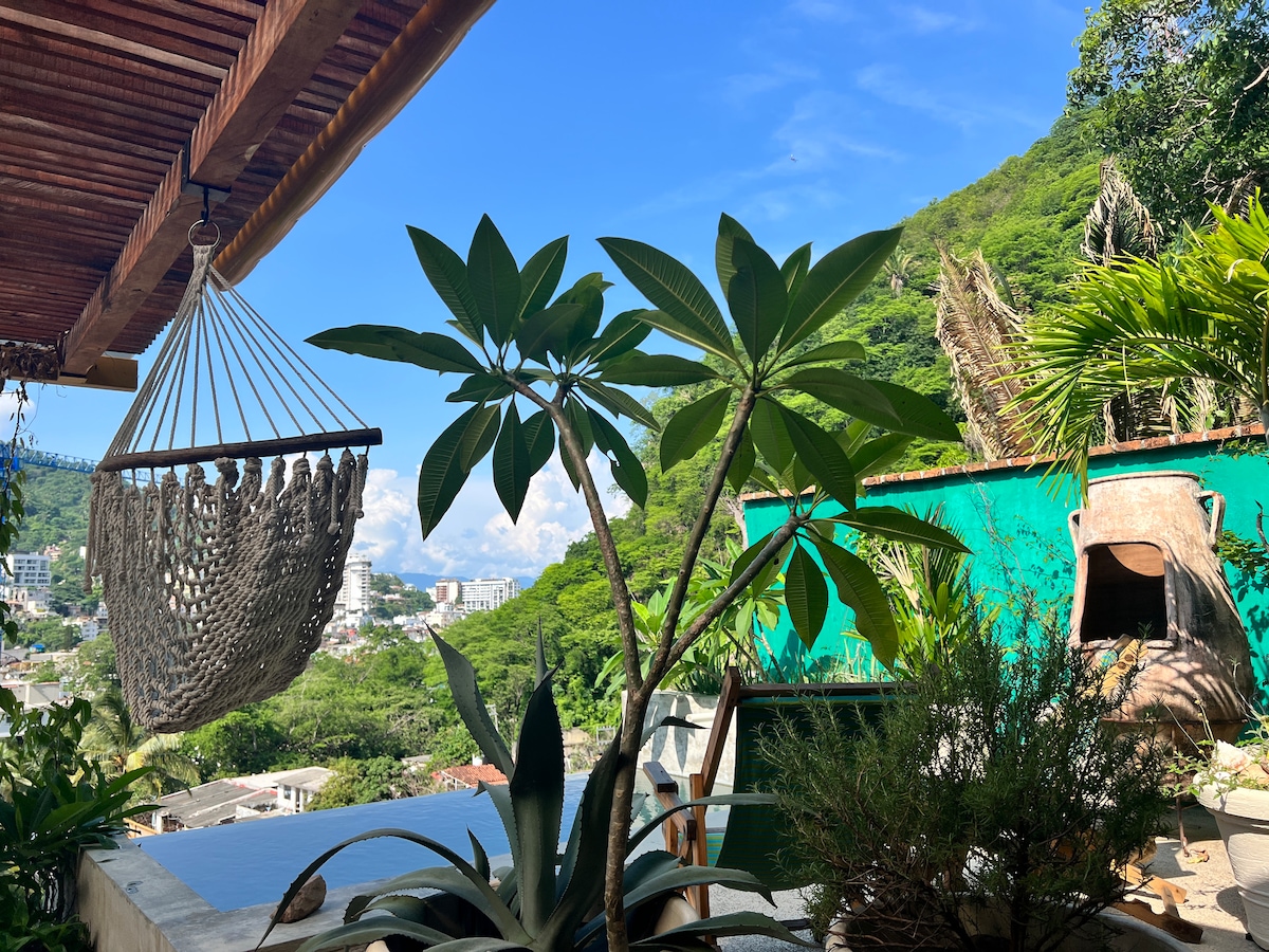 A serene outdoor view is presented, featuring a hanging hammock beneath a wooden roof. Lush green plants surround the small dipping pool, with mountains and a vibrant landscape visible in the background under a clear blue sky.