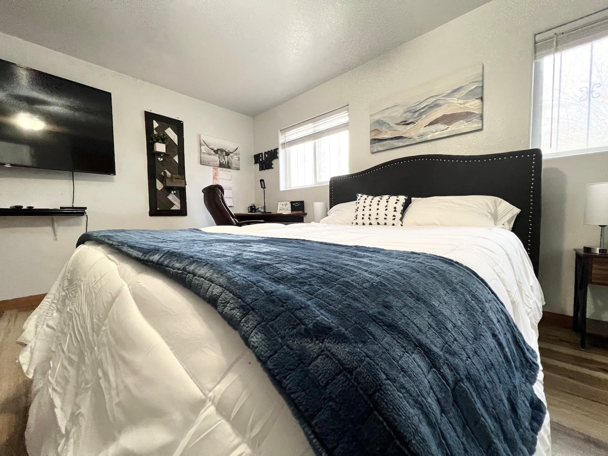 A spacious bedroom includes a large queen bed covered with a textured blue throw. A flat-screen TV is mounted on the wall, and a dark-colored chair is positioned nearby. Light enters through two windows, enhancing the serene ambiance of the room.