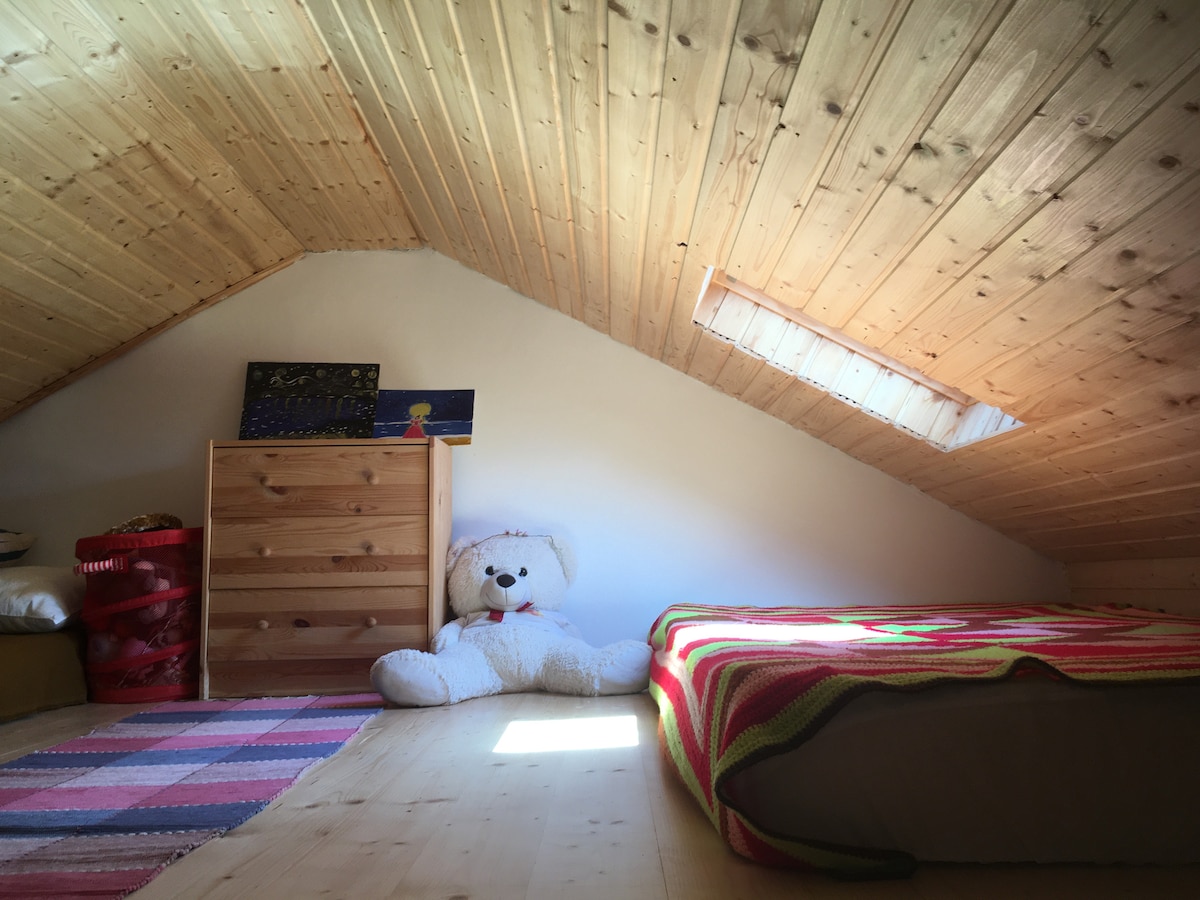 An upper sleeping area features a spacious bed covered with a colorful blanket. A large teddy bear is positioned nearby, and a wooden chest of drawers is present against the wall. Natural light enters through a skylight, illuminating the warm wooden ceiling.
