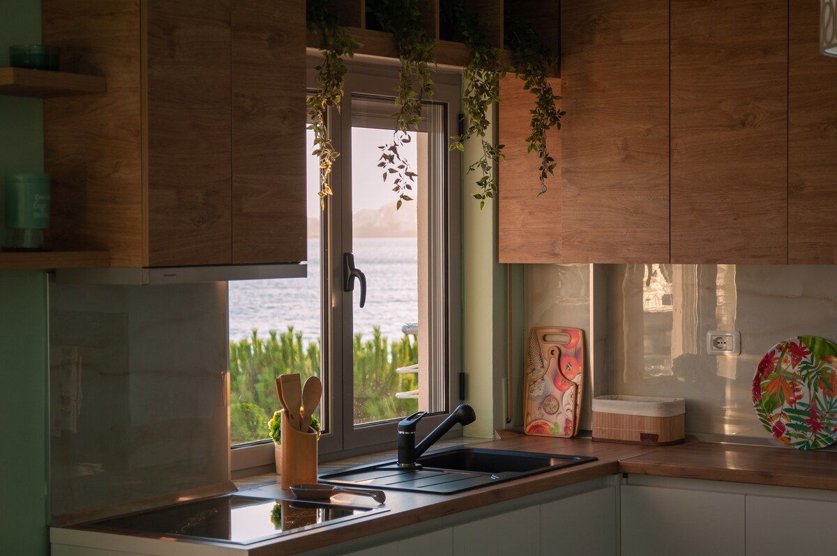 The kitchen features wooden cabinets and a modern sink, with utensils positioned beside a window that offers a view of the sea. Natural light illuminates the space, and potted greenery hangs above the countertop, enhancing the functional design.