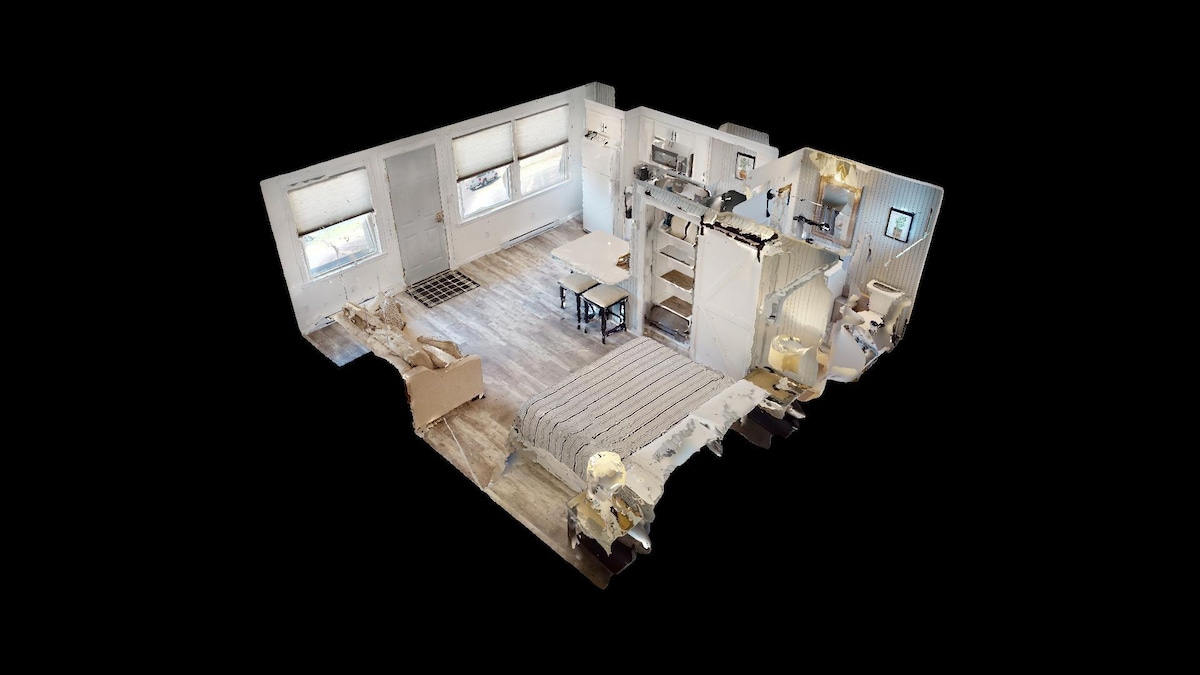 A spacious room layout is displayed, featuring a king bed with light bedding and a queen sofa bed. A wooden coffee table occupies the center, surrounded by comfortable seating. Large windows allow natural light, and a door leads outside, creating an open feel.