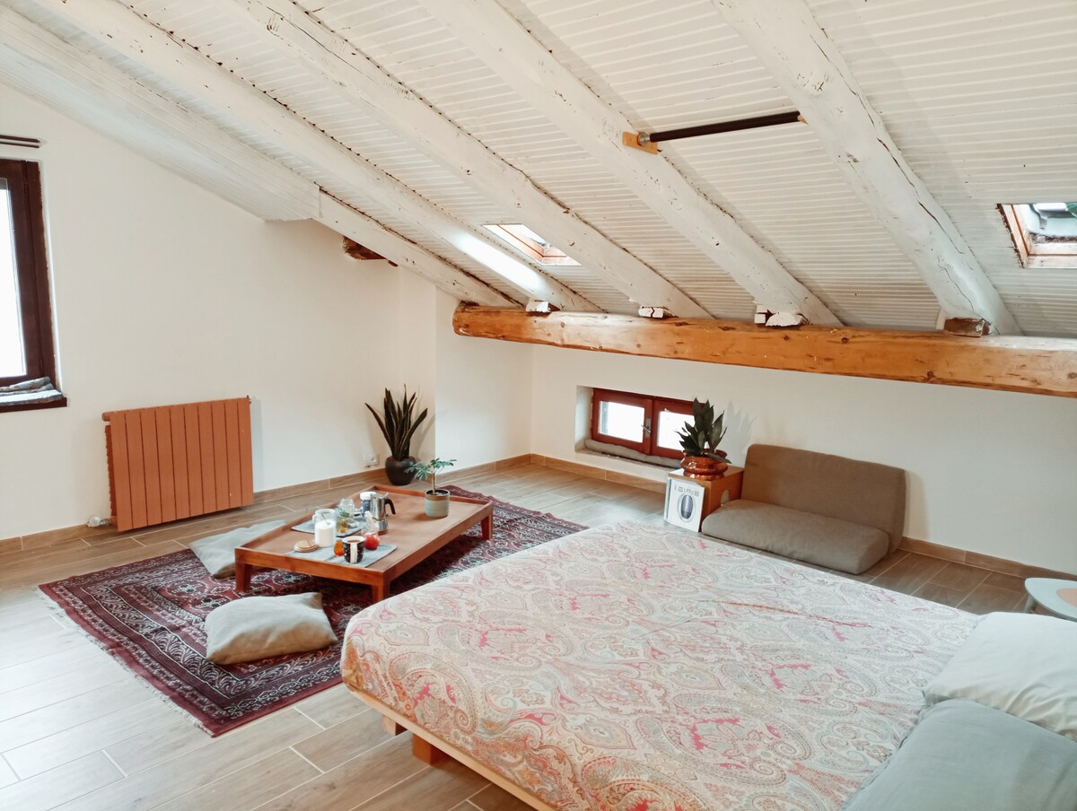 An airy attic space features exposed wooden beams and two skylights allowing natural light. A low coffee table is positioned on a patterned rug, surrounded by plants. A spacious sleeping area is visible, with a soft mattress placed on the floor and a cozy seating arrangement nearby.