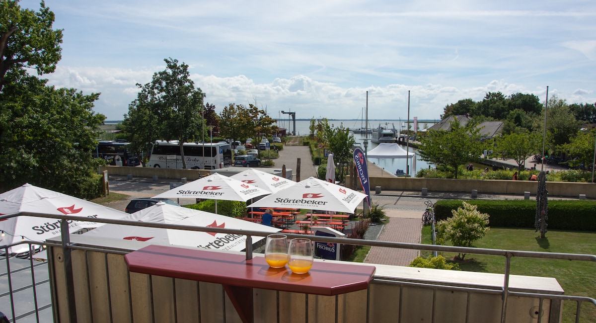 A balcony view showcases the bustling Fischländer Hafen, with boats visible in the water and outdoor seating below. Sun umbrellas provide shade for guests dining, while greenery and pathways create a welcoming environment. Bright skies and scattered clouds enhance the vibrant atmosphere.