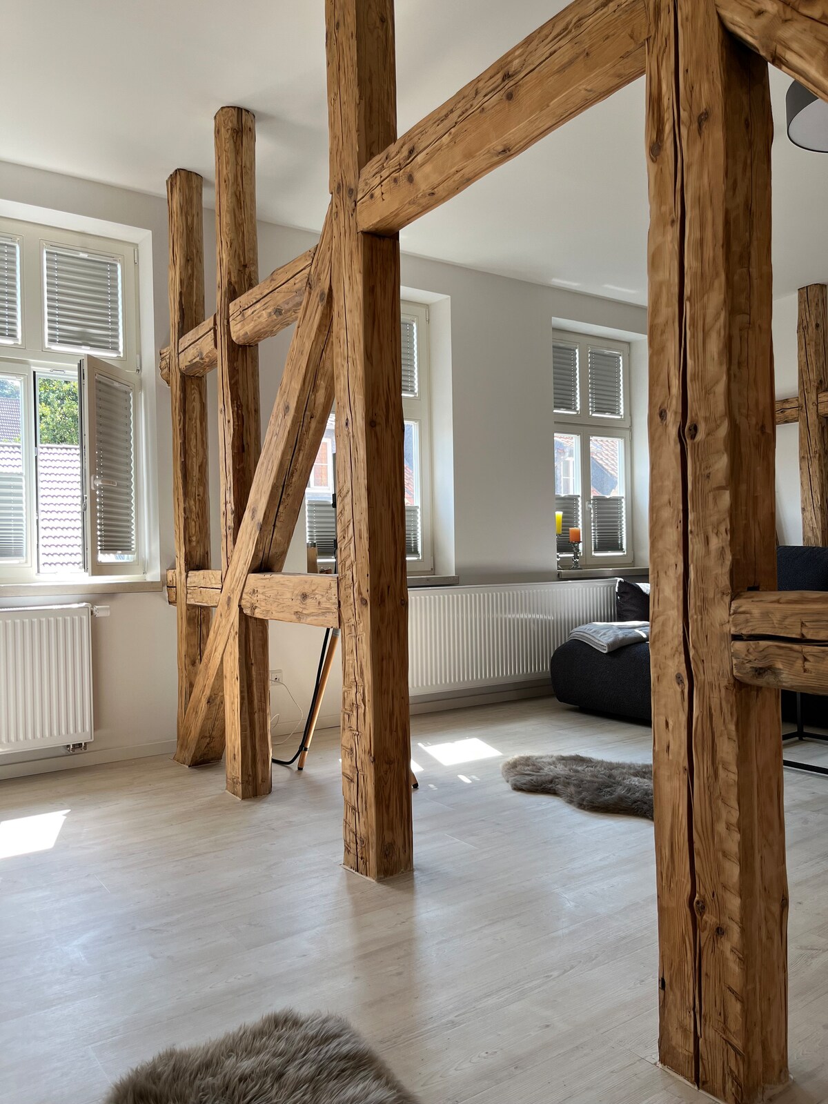 The living area features exposed wooden beams that add character to the space. Natural light filters through the windows, illuminating the light-colored flooring. Two cozy rugs are positioned on the floor, enhancing the welcoming ambiance of the room.