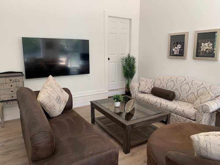 Sala de estar con TV inteligente de 65 pulgadas y sofá cama
