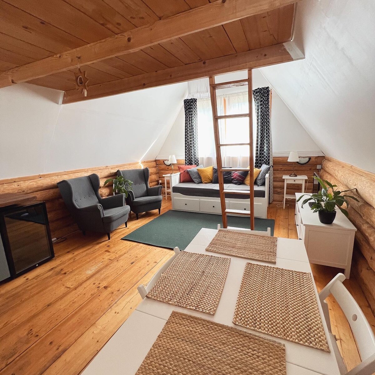 The cozy space features a wooden ceiling and floors, creating a warm atmosphere. A comfortable seating area includes a sofa adorned with colorful cushions. A small dining table is set with woven placemats, and potted plants add a touch of greenery to the decor.