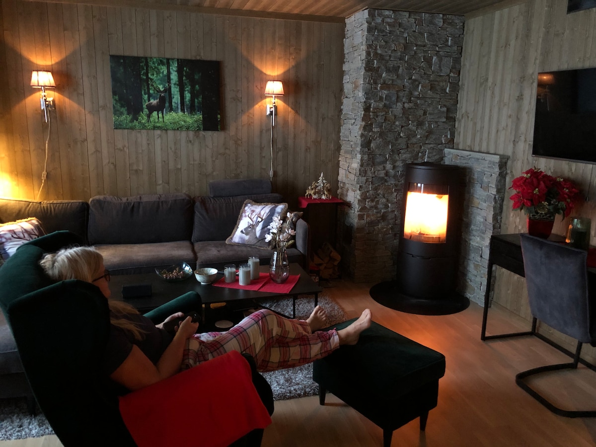 A cozy living area is highlighted by a stone fireplace radiating warmth. A comfortable gray sofa is arranged with decorative cushions, while a soft rug sits beneath. A television is mounted on the wall, and a piece of artwork featuring wildlife adds a subtle touch.