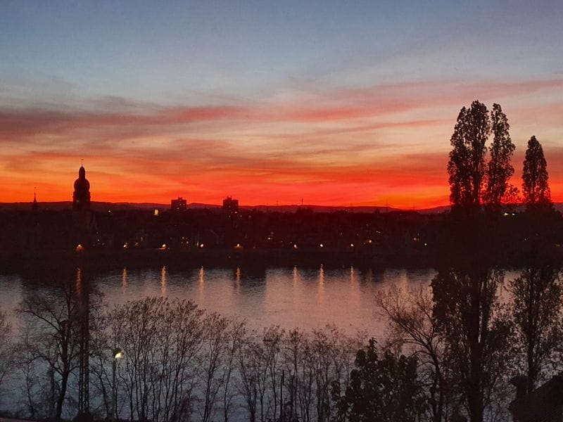 A sunset view showcases vibrant hues of orange and pink across the sky, reflecting on the calm waters of the river. Silhouetted trees line the bank, while distant buildings stand against the colorful backdrop, creating a serene atmosphere.