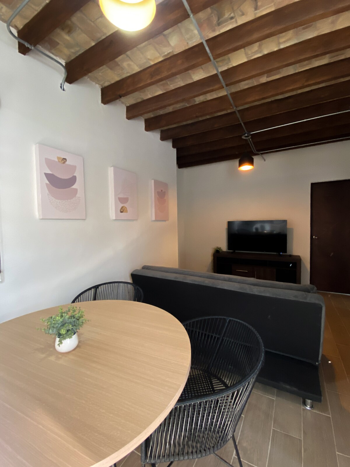 Výhľad z jedálne a obývacej izby. Rozkladacia pohovka a televízor.