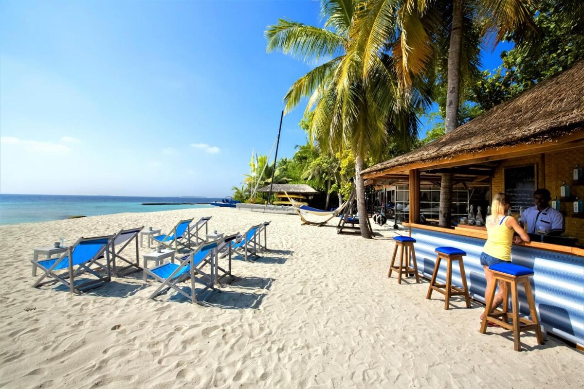 A beachside bar is visible with a thatched roof, surrounded by palm trees. Blue lounge chairs are arranged on the sandy shore, facing the calm ocean. A hammock is positioned nearby, creating a relaxed atmosphere. The clear sky enhances the tranquil beach setting.
