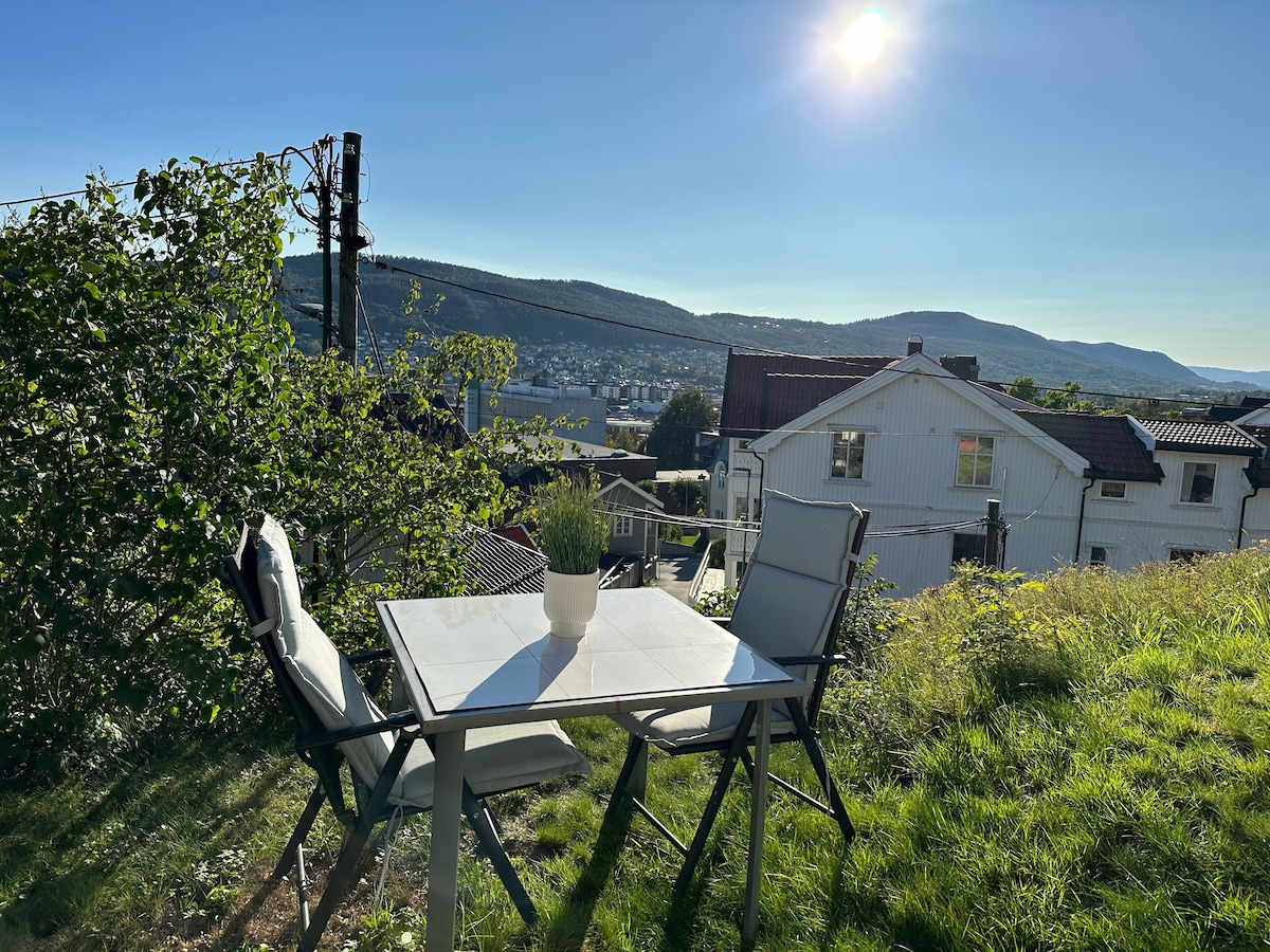 An outdoor seating area is visible, featuring a table and two chairs set on a grassy patch. A small plant is atop the table, with rolling hills and houses visible in the background. The sun shines brightly, illuminating the landscape.