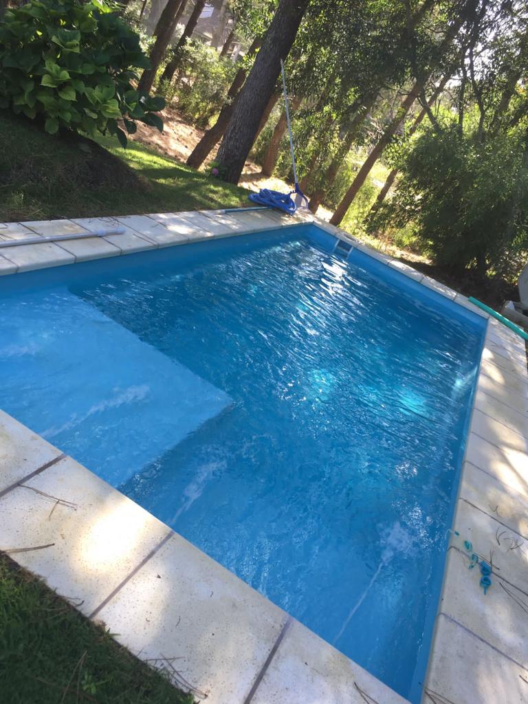 A private pool is featured, surrounded by greenery and tall trees. The water appears clear and inviting, reflecting natural light. Stone tiles border the pool, providing a clean and defined area for relaxation.