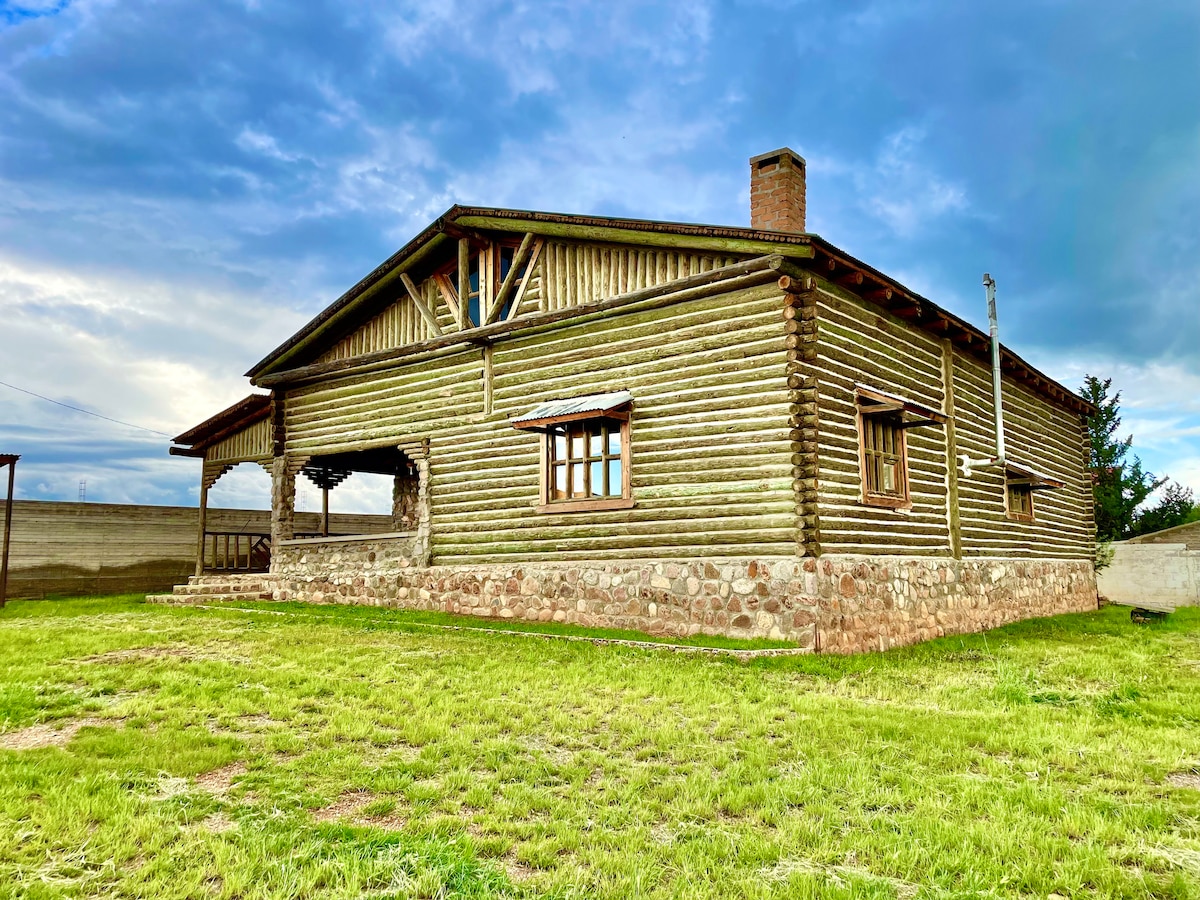 A rustic wooden cabin is set against a cloudy sky, showcasing a spacious covered porch that extends along one side. The facade is detailed with logs and a stone base, while large windows offer a glimpse into the interior.