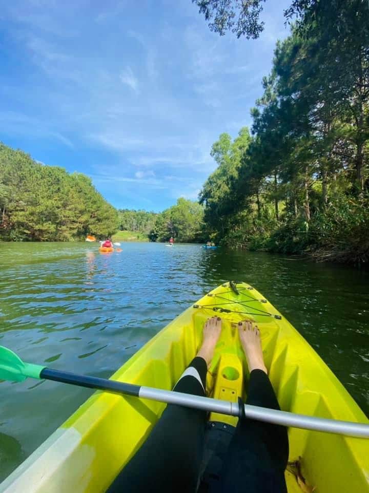 A serene view from a kayak on calm waters, surrounded by lush greenery and tall trees. The bright blue sky is reflected in the water, while other kayakers can be seen in the distance, enhancing the tranquility of the area.