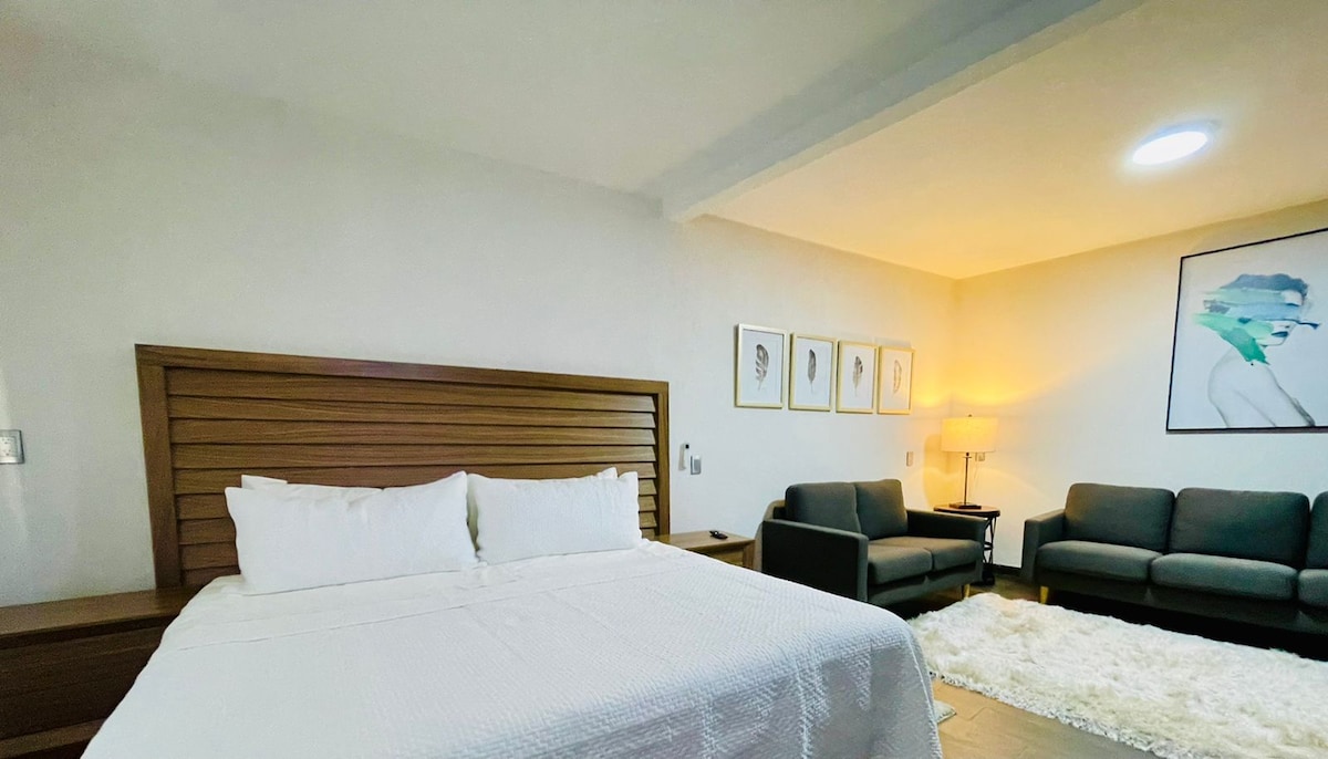 A spacious sleeping area features a large bed with crisp white linens and a wooden headboard. Two comfortable gray couches are arranged around a small side table, and a rug adds warmth to the space. Artwork is displayed on the wall, complemented by a soft light from a nearby lamp.