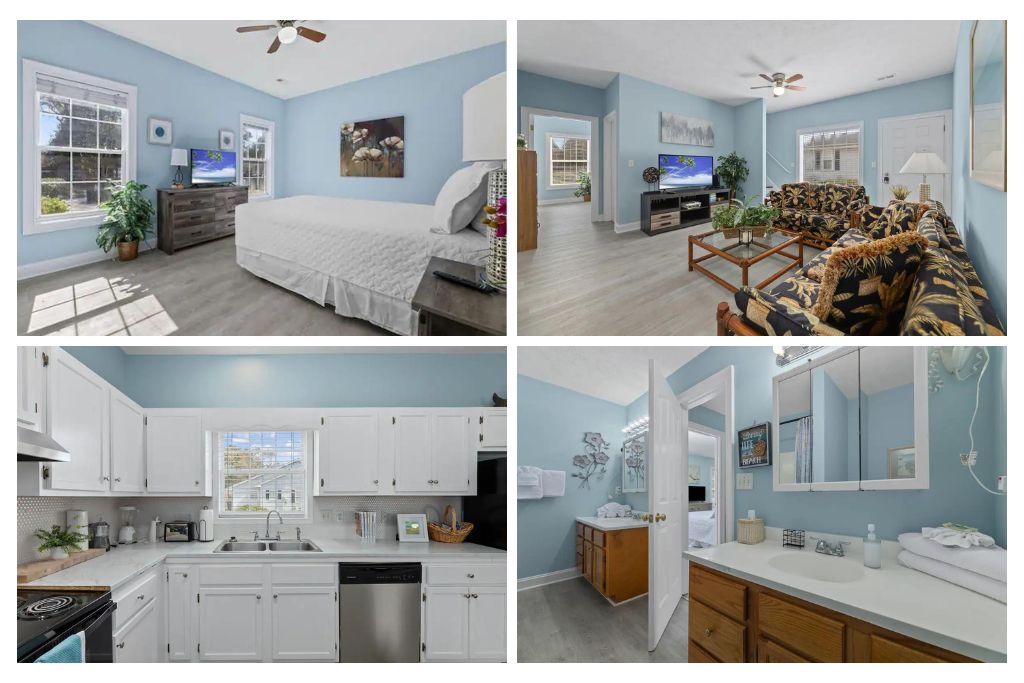 A bright bedroom features a spacious bed with a white coverlet situated near a window. The living area showcases a colorful sofa set and a flat-screen TV against light blue walls. The kitchen is modern with white cabinetry, stainless steel appliances, and a window providing natural light. A clean bathroom displays a double vanity and ample storage.