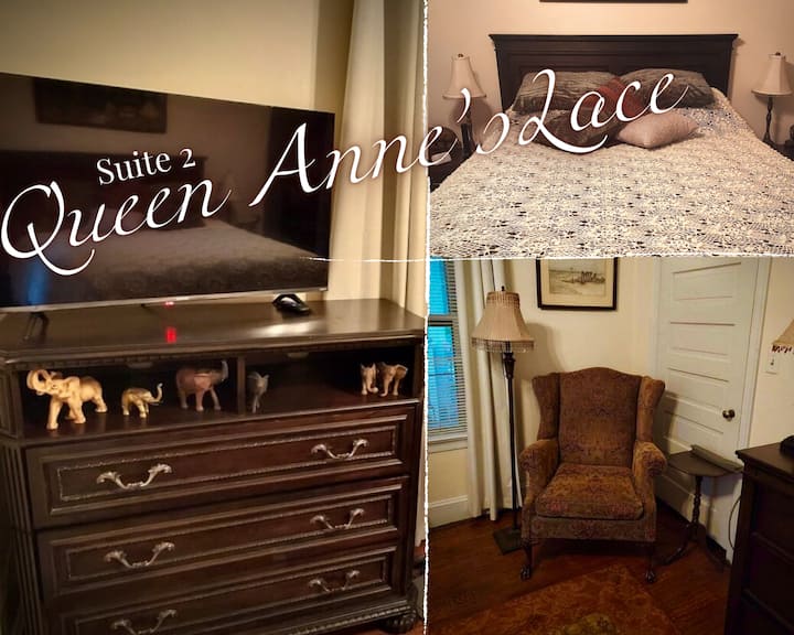 The Queen Anne Lace room is available to book for friends and family if needed.
Comfortable Queen Bed.
Roku TV.
2 phone charging stations.
Computer plug ins.
Arm chair/side table.
Rent this and I block the 2nd room.