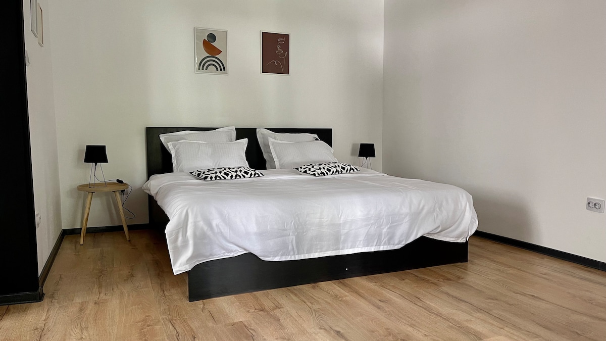 A spacious bedroom is presented with a large bed, featuring a simple, dark frame and white linens. Two black bedside lamps are positioned on either side of the bed, while abstract artwork adorns the walls, complementing the light wood flooring.