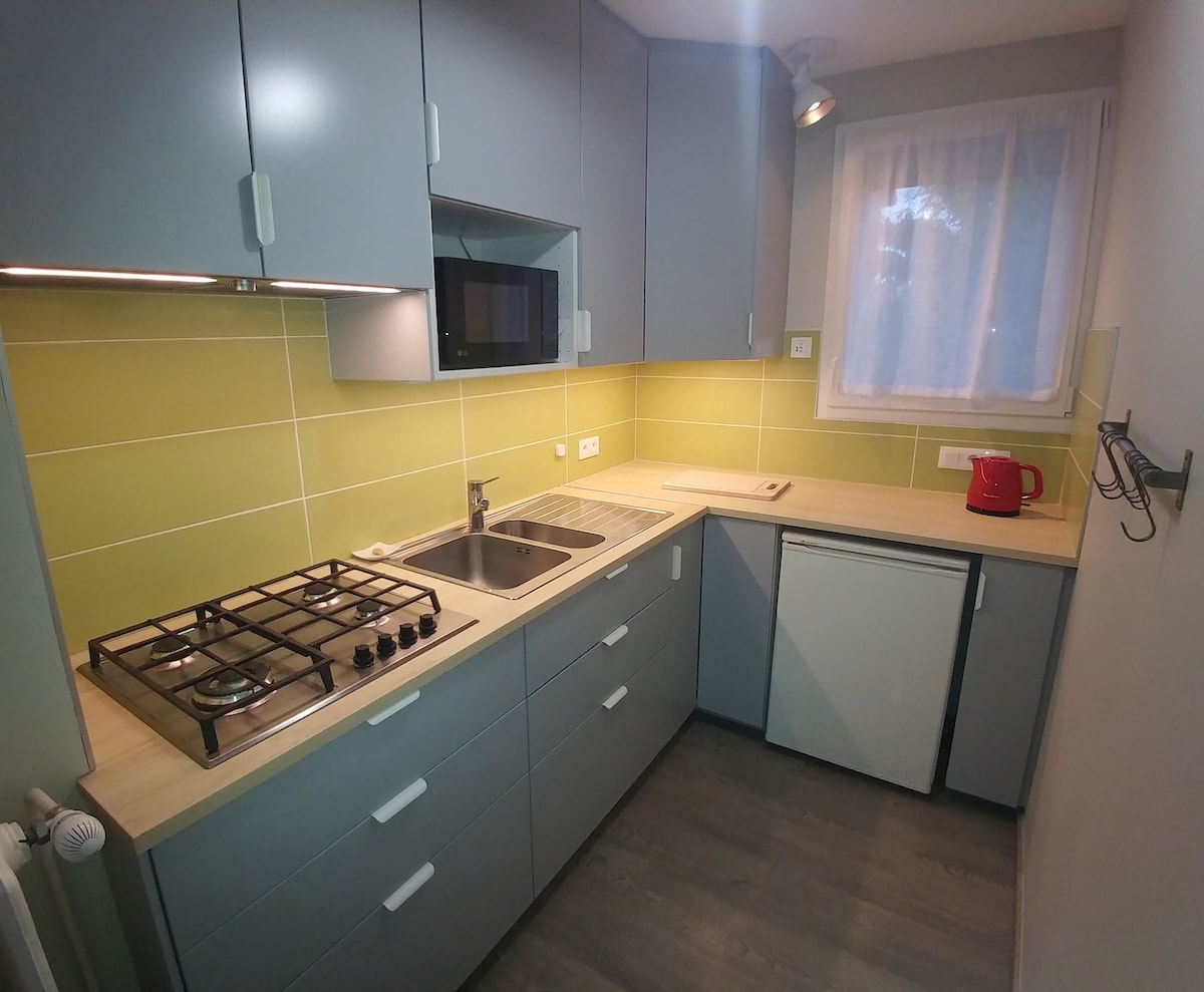 A modern kitchen is equipped with a four-burner gas stove, microwave, and sink. Light green tiles accent the walls, and natural light enters through a window with sheer curtains. Counter space is available for food preparation, along with a compact refrigerator and kettle.