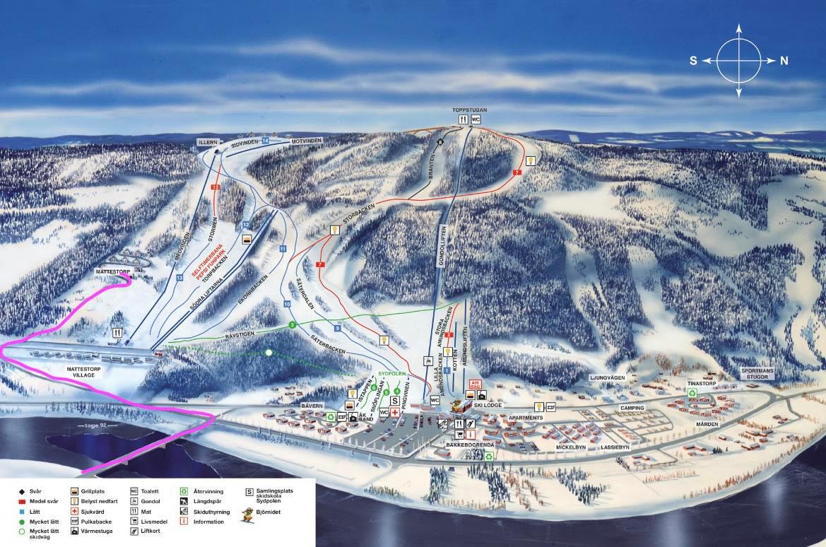 A detailed map depicts the layout of a ski resort in a snowy landscape. Ski trails, residential areas, and various amenities are marked in distinct colors. The surrounding trees and slopes provide a clear view of the terrain, enhancing navigational understanding.