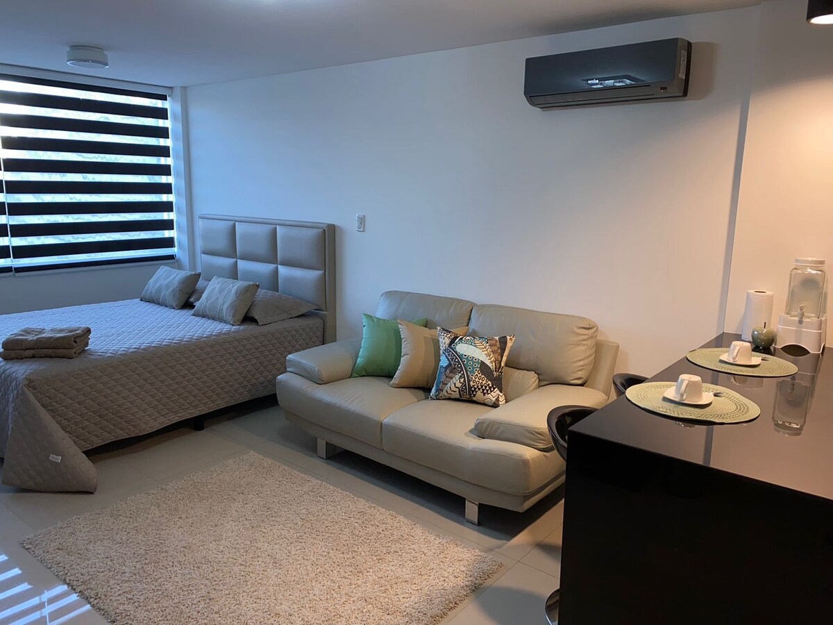 A modern room features a spacious bed covered with a light quilt and a cozy sofa adorned with decorative cushions. A small table set with cups and a plant sits against a sleek black countertop. Natural light filters through stylish striped blinds.