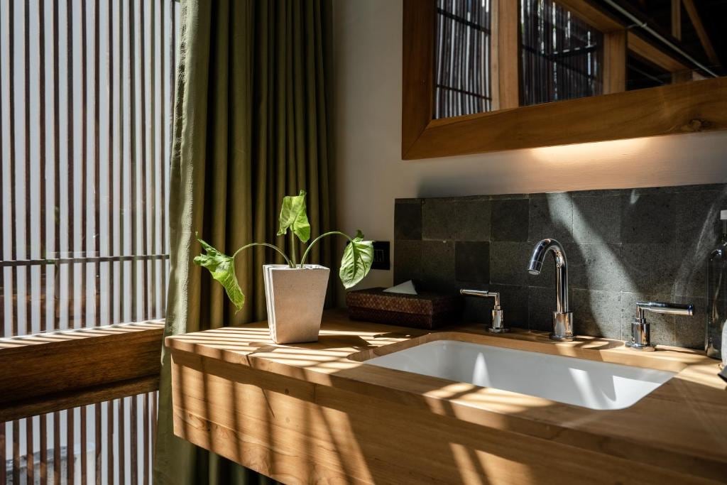 A modern bathroom features a wooden vanity with a white sink. Natural light filters through vertical slats, casting gentle shadows. A small potted plant adds a touch of greenery. The dark countertops contrast with the light wood, creating a harmonious and calming space.