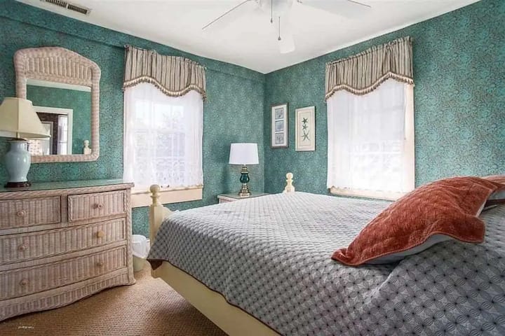 Second floor BR. The "I Can Tolerate this Wallpaper" Room.