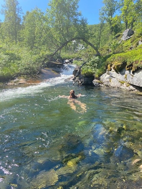 A person swims in a clear, flowing river surrounded by lush greenery and rocky terrain. Sunlight reflects off the water, highlighting the natural stone bottom. A prominent arching tree branch frames the scene, contributing to the serene atmosphere of the remote landscape.