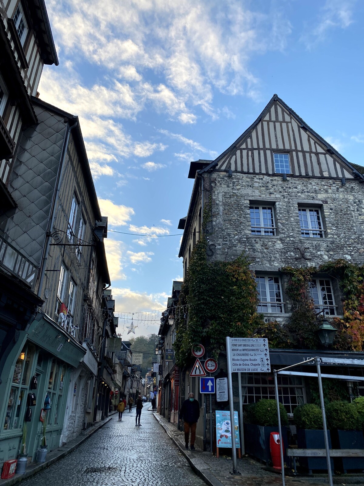 A narrow cobblestone street is seen, flanked by traditional half-timbered buildings. The sky is partly cloudy, allowing soft light to illuminate the scene. A few people stroll along the street, while greenery adorns the base of one building, adding a touch of nature to the urban setting.