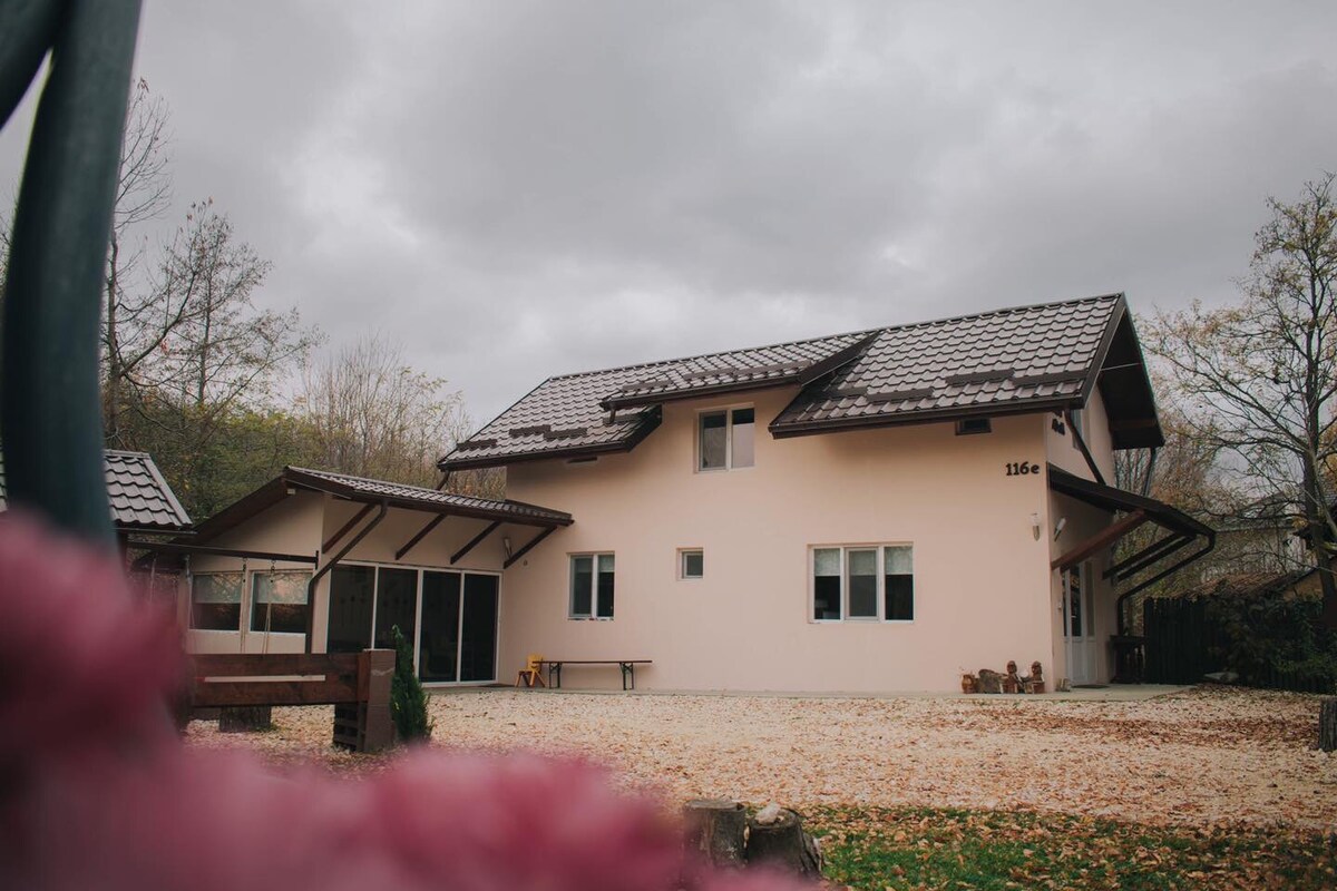 The exterior of the house displays a two-story design with a sloped roof and light-colored walls. Large windows are visible, allowing natural light into the interior. The surrounding yard is covered with a gravel driveway and features scattered leaves, contributing to a serene setting.