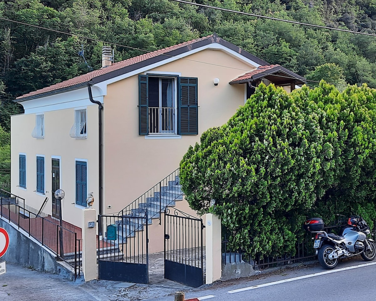 A well-maintained house is set against a lush, green backdrop. The building features large windows with blue shutters and a welcoming entrance. A dark motorcycle is parked near the gate, which is framed by a vibrant green hedge.