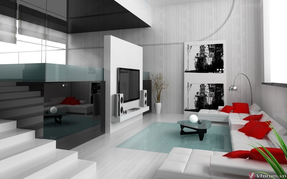 A modern living space is highlighted by sleek white walls and polished wooden flooring. A low coffee table is positioned in front of a sectional sofa adorned with red cushions. Monochrome artwork complements the minimalist design, while large windows invite ample natural light.