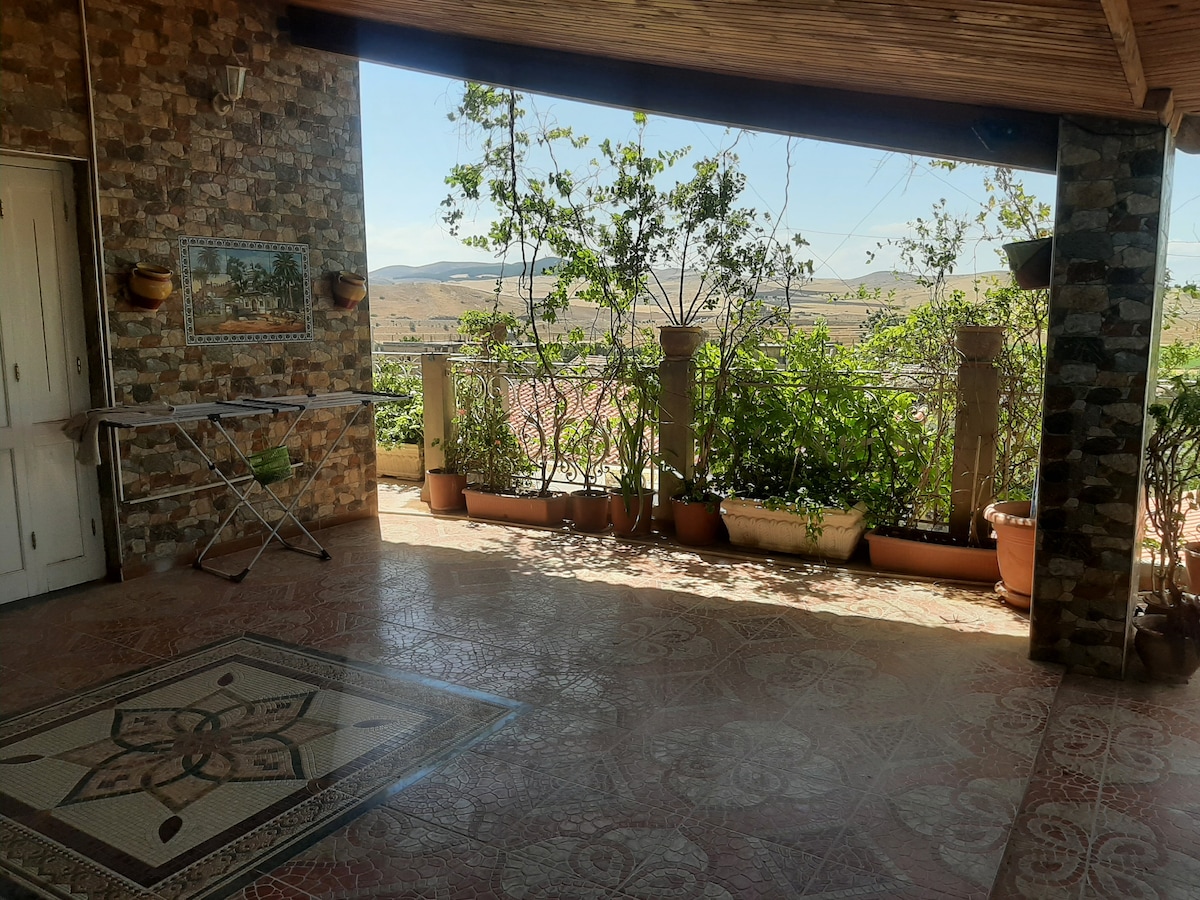 A spacious outdoor balcony area is framed by lush greenery in pots. Scenic views of the surrounding landscape are visible, while a patterned tile floor adds texture to the space. Natural light fills the area, contributing to an open and airy atmosphere.